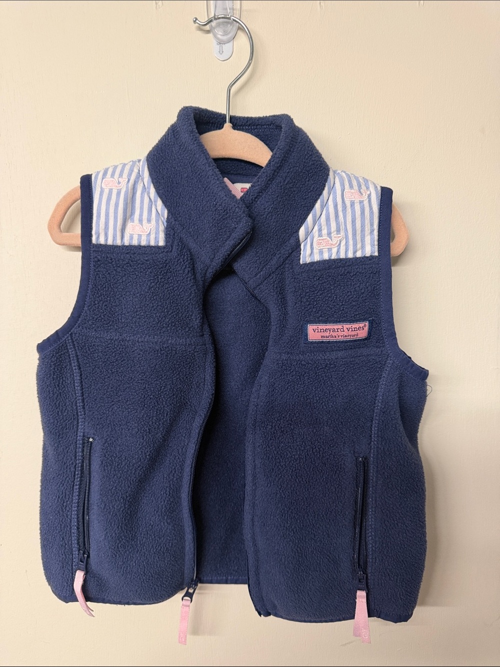 Vineyard Vines Navy Fleece Kids Vest with Pink Whale Details